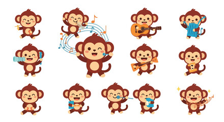 Fototapeta premium Cartoon Monkeys with Musical Instruments Set
