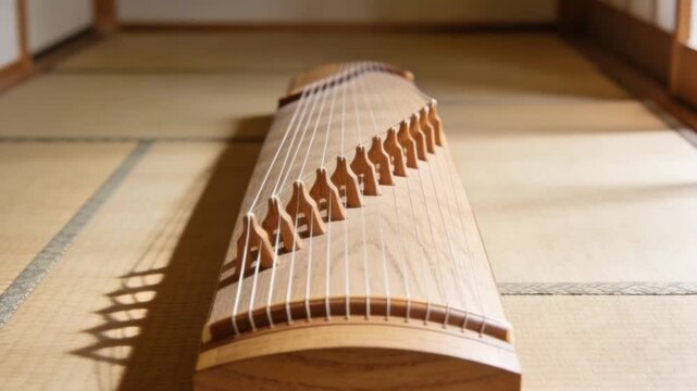 traditional japanese koto placed on tatami mat inside minimalist wooden room zoom in video
