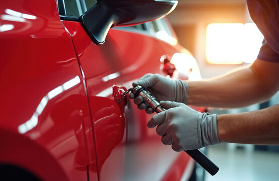 Technician with gloves uses special tool for car paintless dent repair. Professional auto body worker fixes minor damage on red vehicle door in garage. Skilled auto mechanic repairs car.