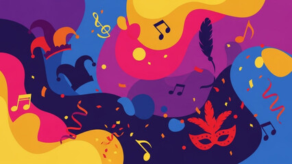 Obraz premium Vibrant mardi gras carnival background with colorful masks music notes and confetti elements