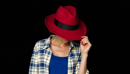 Woman in red fedora hat and plaid shirt looking down against black background