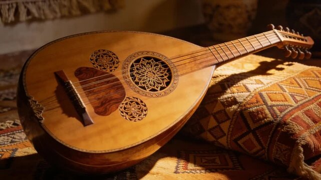 traditional oud instrument resting on patterned textile inside warm interior space zoom out video