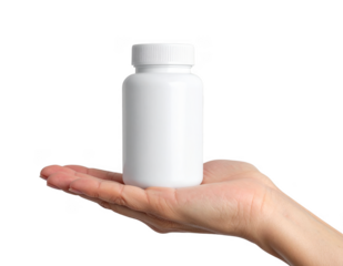 Hand holding a blank white plastic pill bottle for medicine or supplements. Isolated on transparent background.