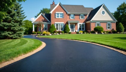 Obraz premium Wide brick house with manicured lawn and newly paved asphalt driveway. Rich green trees surround property. Clear blue sky above suburban residence.