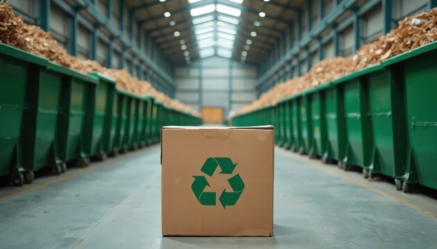 Cardboard box with recycling symbol sits inside industrial warehouse lined with green bins full of waste material. Large scale waste processing and sorting operation for paper and cardboard products.