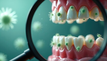 Obraz premium Microscopic view of teeth surface shows green bacteria clusters. Magnifying glass reveals germs on dental enamel. Oral hygiene is key to prevent mouth illness and decay.