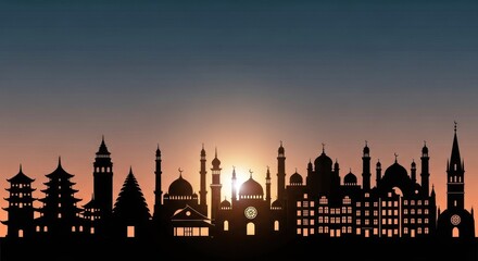 Fototapeta premium Silhouette of a city skyline at sunset, featuring various architectural styles and structures, with a warm, golden hue in the background.