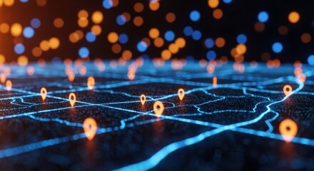 Abstract visualization of a digital network with glowing nodes and connecting lines, representing data flow and connectivity in a futuristic world