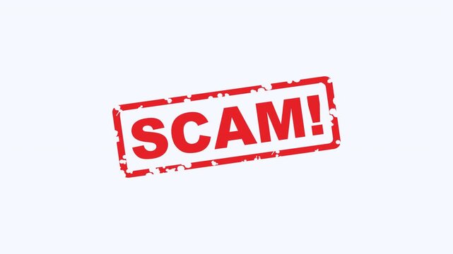 Red rubber stamp with the word scam inside for highlighting frauds on printed documents. Suitable for antiscam campaigns and educational materials.