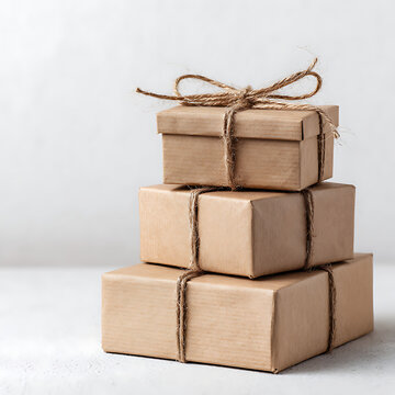 A vertical stack of three rustic gift boxes wrapped in natural brown kraft paper and tied with jute twine, set against a bright, minimalist white background.