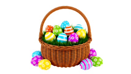 Vibrant Patterned Easter Eggs in a Traditional Wicker Basket on Green Grass