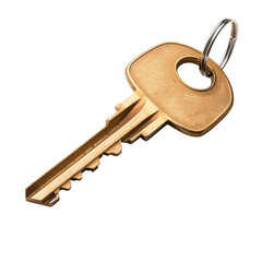 Single brass house key with metal key ring isolated on Transparent Background