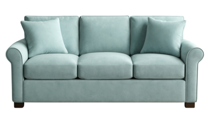 Front view of a three seater light blue fabric sofa with two matching throw pillows on a white background