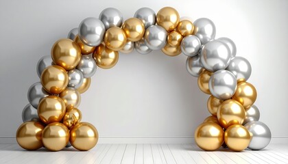 Balloon arch in gold and silver, clean wall background, empty center