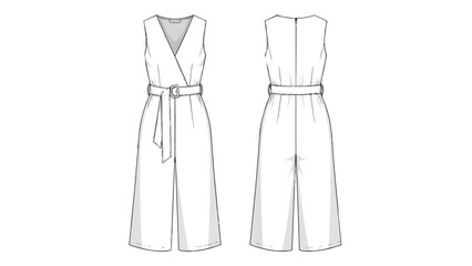 Technical flat drawing of a women's sleeveless jumpsuit with wrap V-neck, belted waist, wide cropped legs. Essential for modern fashion design and