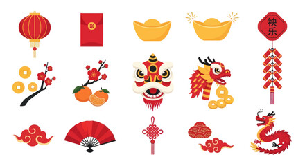 Chinese New Year Icons: Dragon, Lantern, Firecrackers, Red Envelope, Coins, Flowers