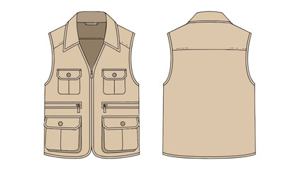 Practical khaki utility vest design with multiple pockets, front and back view illustration.