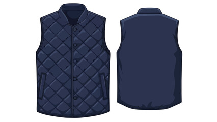 Detailed vector illustration showcasing the front and back of a stylish navy blue quilted vest, offering a clear design for versatile seasonal