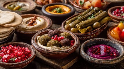 Fototapeta premium Middle eastern mezze spread with hummus, falafel, dolmas, and pomegranate.