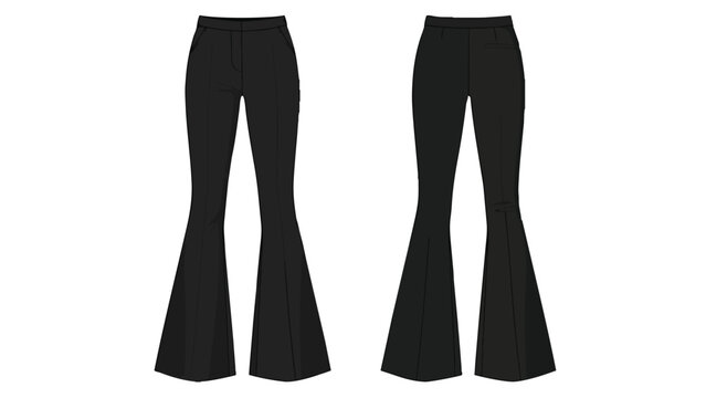Contemporary black flared trousers technical illustration showcasing a sleek minimalist fashion apparel design template for stylish women's clothing