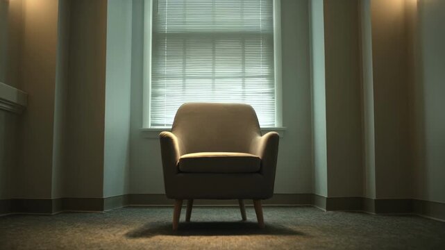 Medium shot centered on a lone chair designed for comfort in an understated crisis intervention room with softfocus surroundings emphasizing tranquility.