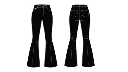 Elegant flared trousers design blueprint featuring front and back views for fashion illustration and apparel development contemporary garment