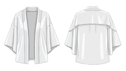 Detailed technical fashion illustration showing a modern relaxed-fit open-front kimono cardigan with wide sleeves and a distinct back yoke for