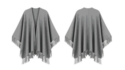 Elegant Gray Knitted Poncho with Fringe Detail Front and Back View on White Background Modern Fashion Apparel Item Versatile Autumn Winter Outerwear