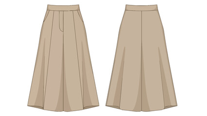 Technical fashion flat illustration of elegant wide-leg beige culottes offering front and back views for versatile apparel design templates perfect