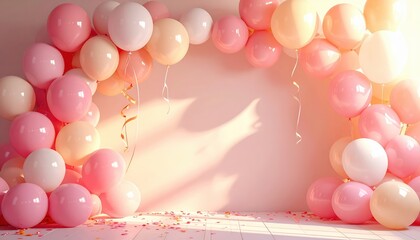 Balloon garland framing plain backdrop, soft daylight, central blank space