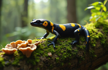 Obraz premium Fire salamander with yellow spots rests on mossy log in forest. Small amphibian shows vibrant coloration. Creature has black skin. Mushrooms grow nearby.