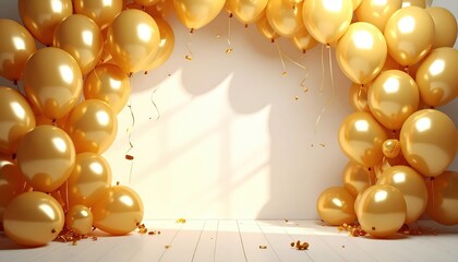 Party backdrop with golden balloons, soft shadows, blank space in middle