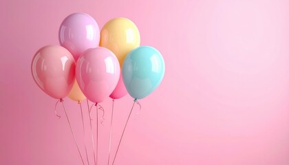 Pastel balloon garland on pink background, blank copy space for text