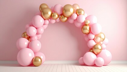Soft pink and gold balloon arch on plain wall, empty center
