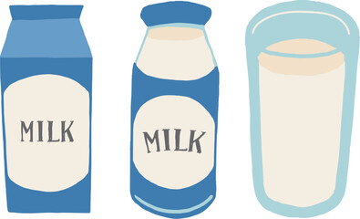 牛乳パック、牛乳瓶、グラスに入った牛乳のイラストセット