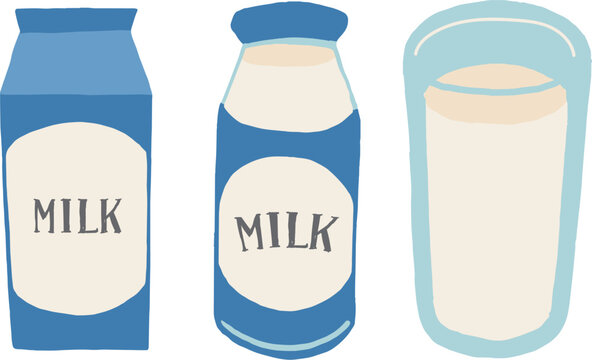 牛乳パック、牛乳瓶、グラスに入った牛乳のイラストセット