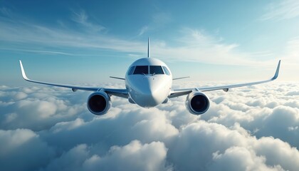 Fototapeta premium White jet plane flies above fluffy clouds under clear blue sky. Twin engine aircraft moves forward in flight, front view, sky travel concept, aviation transport.