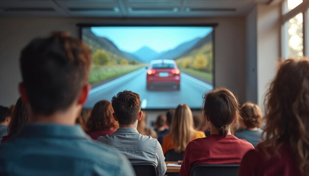 Diverse group attends driver education class. Students watch presentation about road safety and driving skills on big screen. Instructor shows video of car on scenic route.