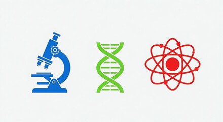 Science Symbols: Microscope, DNA, Atom