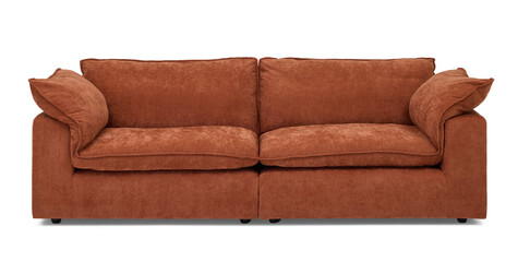 A contemporary white leather luxury sofa with comfortable cushions is isolated on a white background as a 3d object for modern home interior furniture design