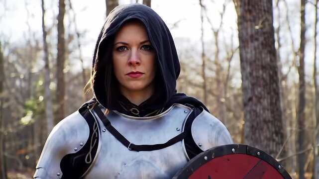 Female knight in silver armor with black hood holding red shield in forest