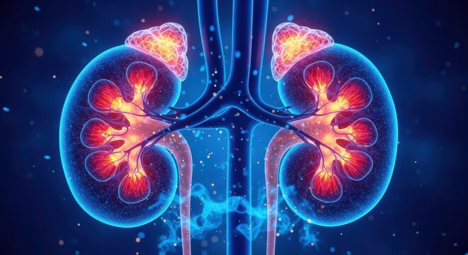 An artistic representation of human kidneys, glowing with vibrant blue and orange light, surrounded by shimmering particles