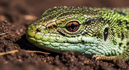 Naklejka premium Macro of a green lizard with water droplets on its scales resting on soil
