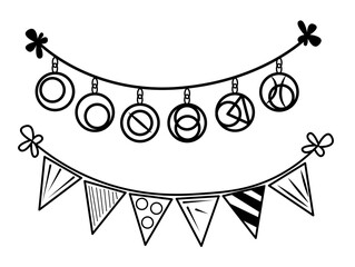 Hand drawn decorative garland with hanging ornaments and bunting flags in black outline style.