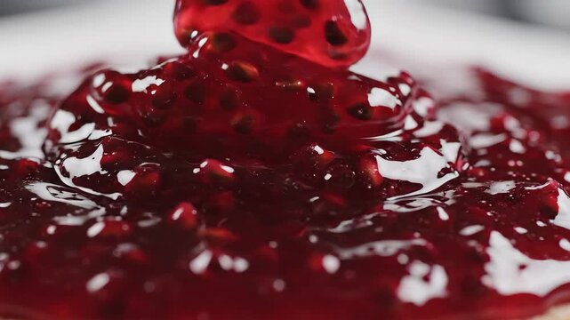A vibrant closeup shot captures luscious thick red berry jam possibly raspberry or strawberry with visible seeds slowly dripping and spreading across a surface showcasing its rich texture and appetiz.