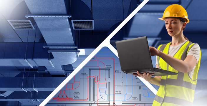 HVAC engineering supervision reviews ventilation systems using a laptop and technical drawings. Climate control planning by an engineer. Building systems design and maintenance.