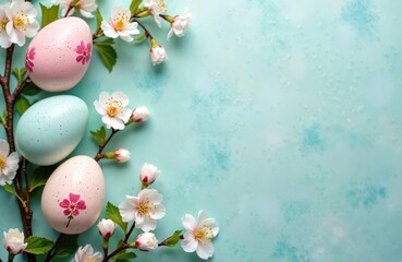 Fototapeta premium Pale pink and blue speckled Easter eggs rest on tree branches with white cherry blossoms. Soft pastel background with copy space for text. Springtime holiday arrangement.