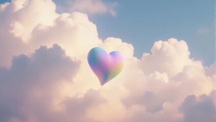 Fototapeta premium Pastel Heart Floating Among Fluffy Clouds in a Dreamy Sky.