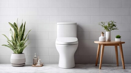 Modern bathroom interior with a white toilet and decorative plants.