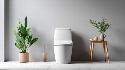 Modern bathroom interior with a white toilet and decorative plants.